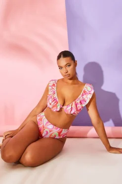 Abstract Print Ruffle Bikini Top