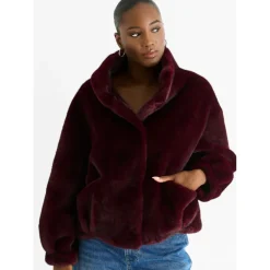 Angora Red Funnel Neck Button Up Faux Fur Jacket