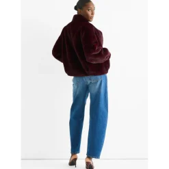 Angora Red Funnel Neck Button Up Faux Fur Jacket