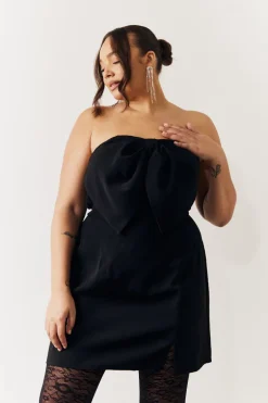 Black Bandeau Bow Front Split Hem Mini Dress