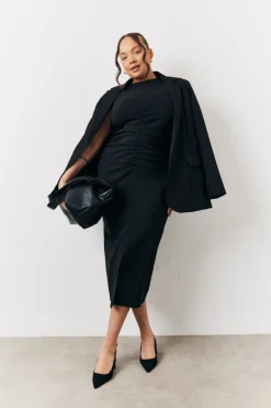 Black Bengaline Ruched Midi Dress
