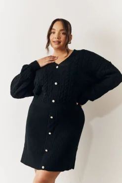 Black Cable Knitted Diamante Button Mini Dress