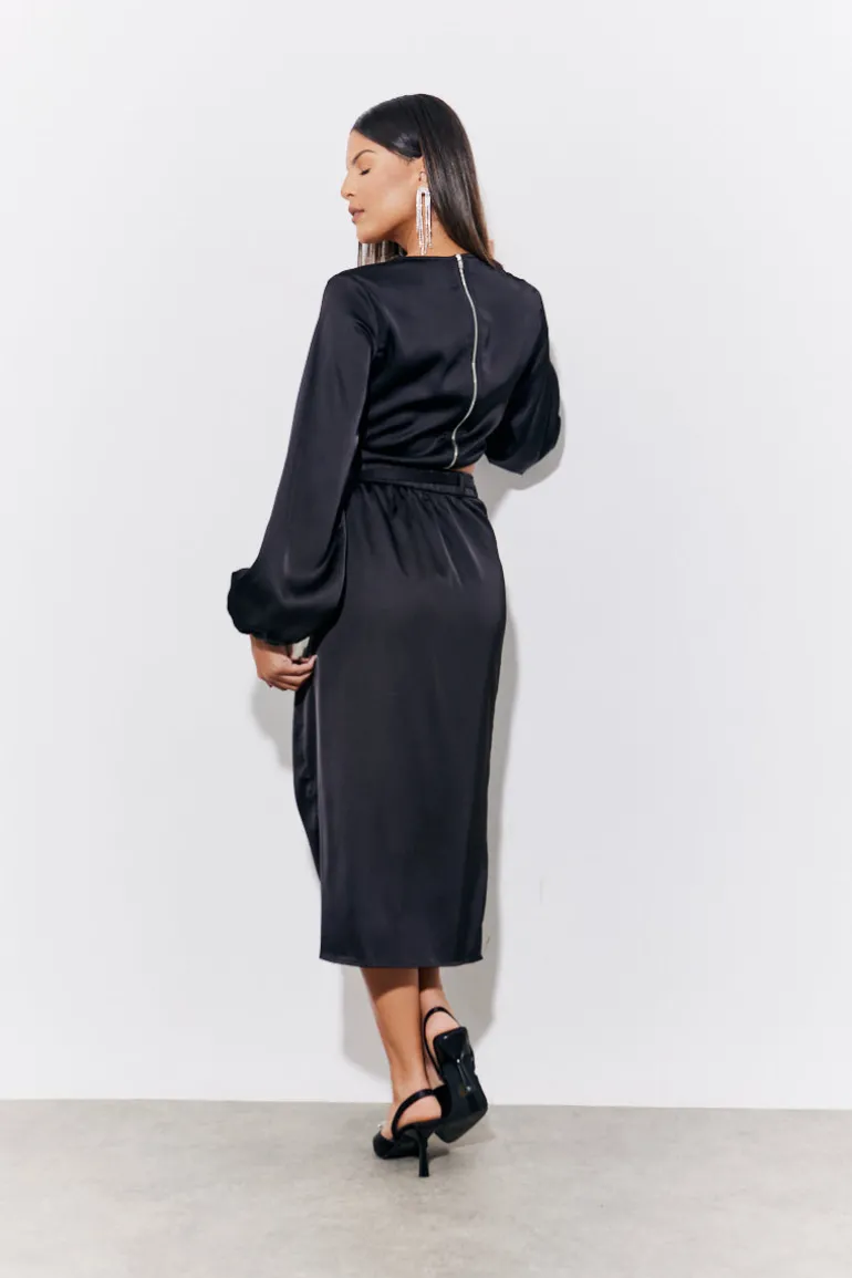 Black Curved Hem Satin Top