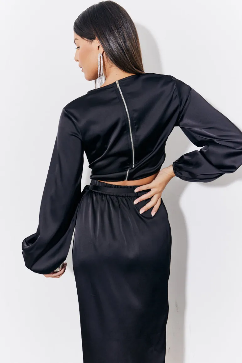 Black Curved Hem Satin Top