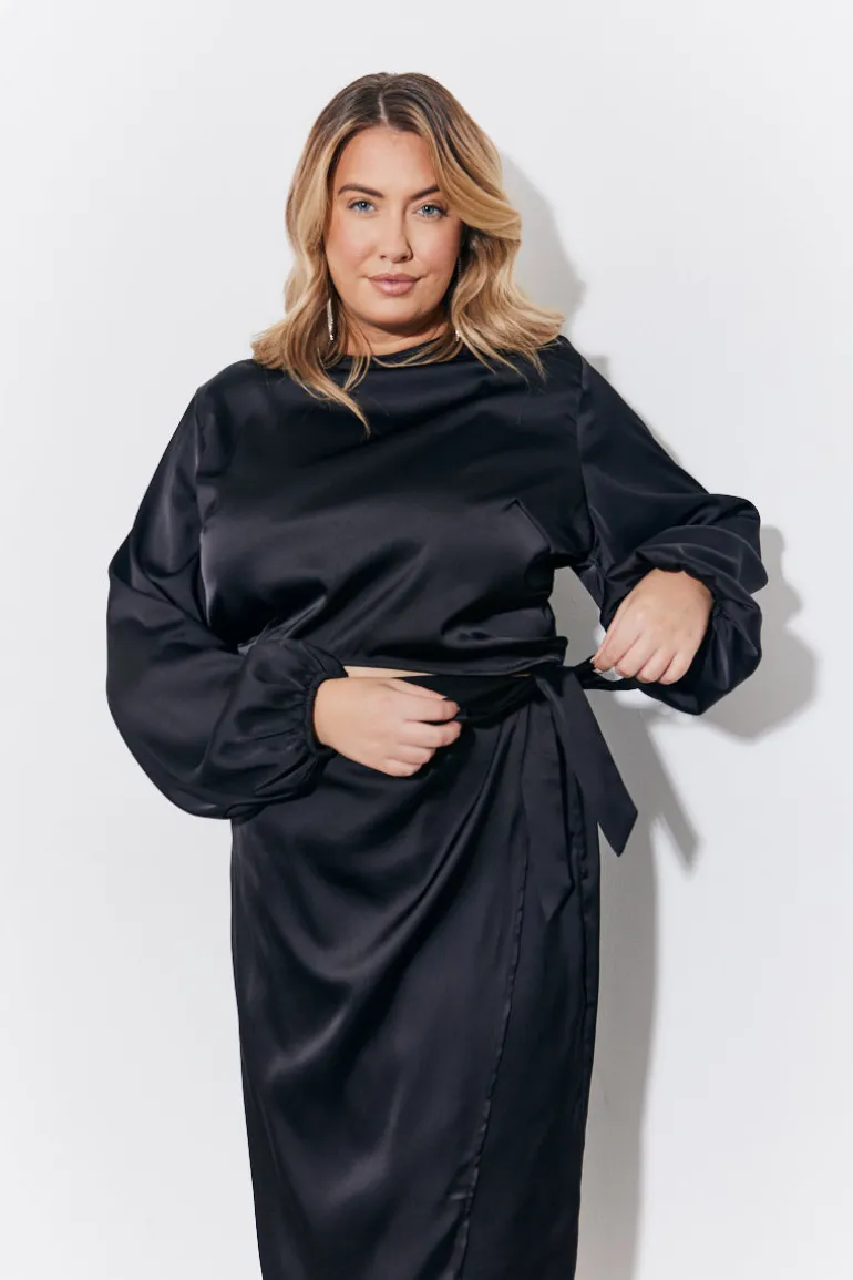 Black Curved Hem Satin Top