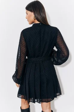 Black Dobby Belted Pleated Skater Mini Dress