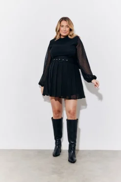 Black Dobby Belted Pleated Skater Mini Dress