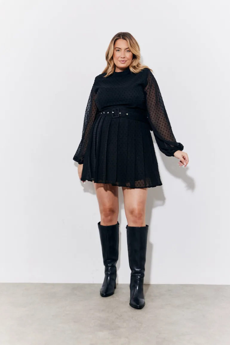 Black Dobby Belted Pleated Skater Mini Dress