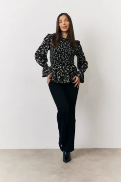 Black Floral Shirred Bust Blouse
