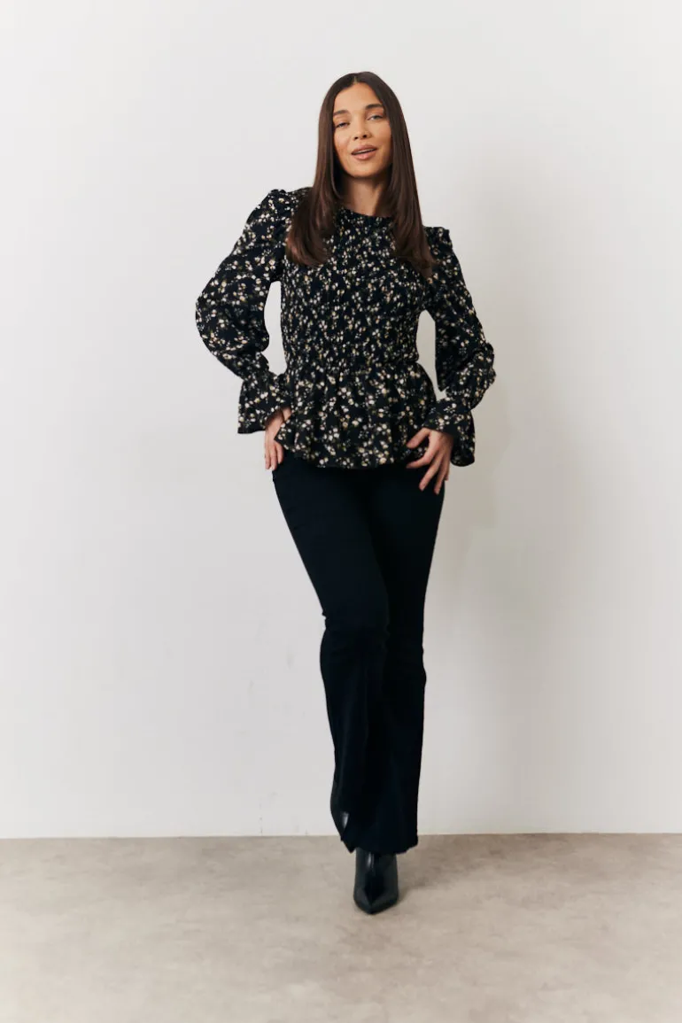 Black Floral Shirred Bust Blouse