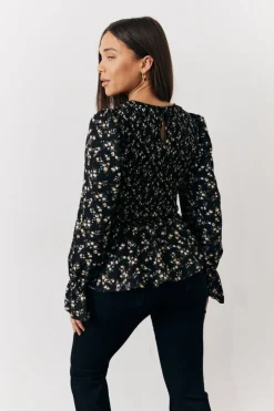 Black Floral Shirred Bust Blouse