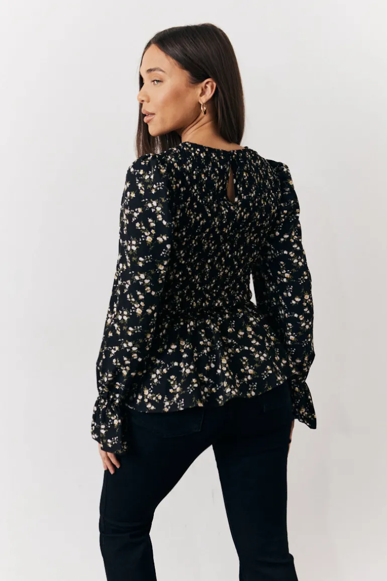 Black Floral Shirred Bust Blouse