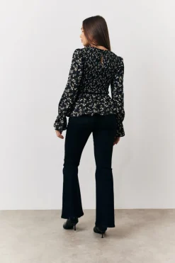 Black Floral Shirred Bust Blouse