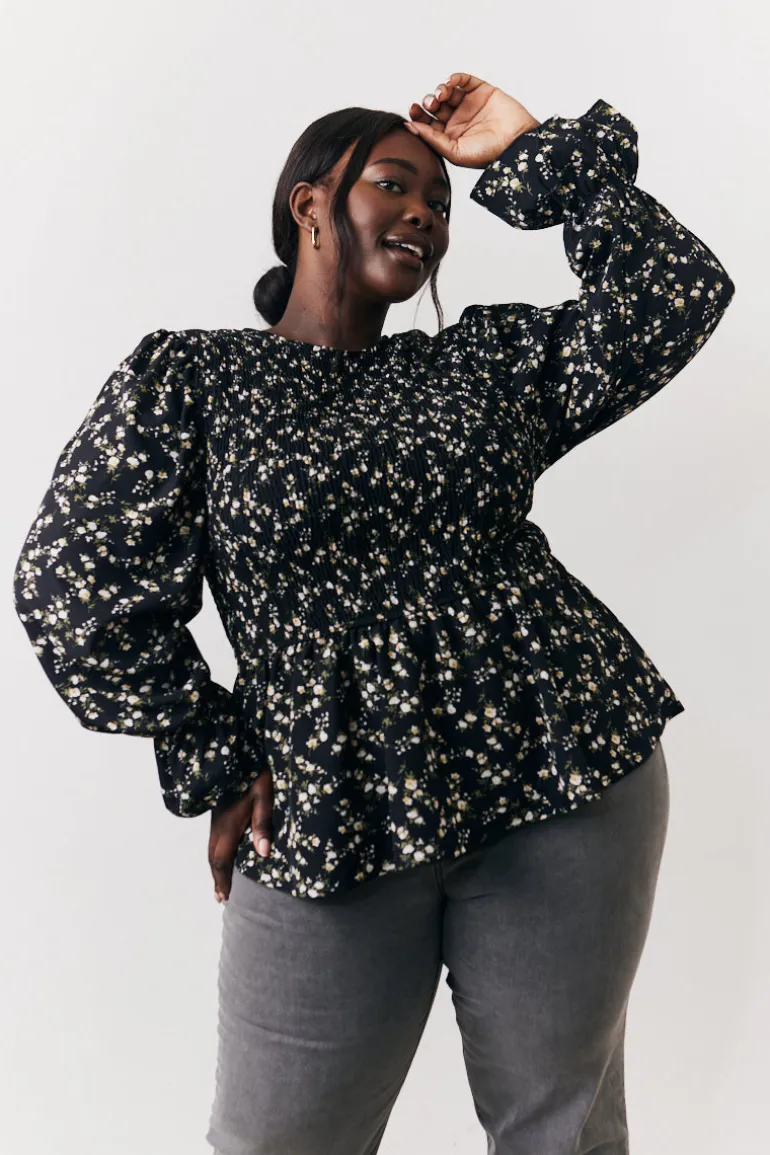 Black Floral Shirred Bust Blouse