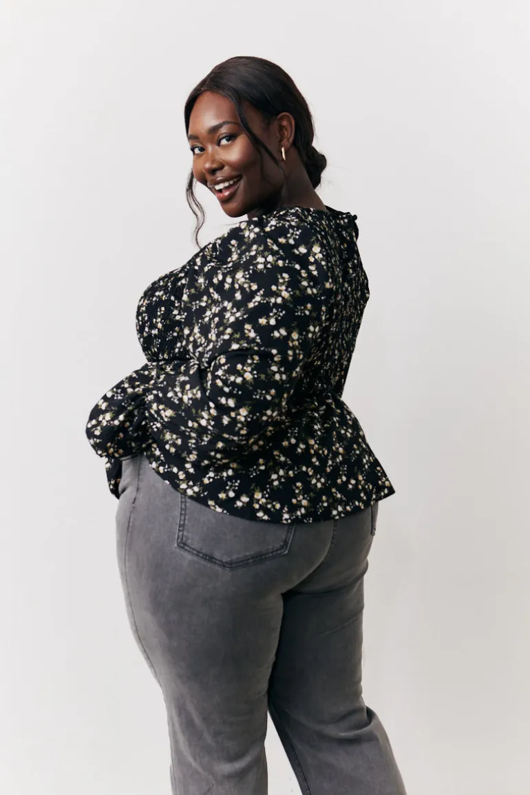 Black Floral Shirred Bust Blouse