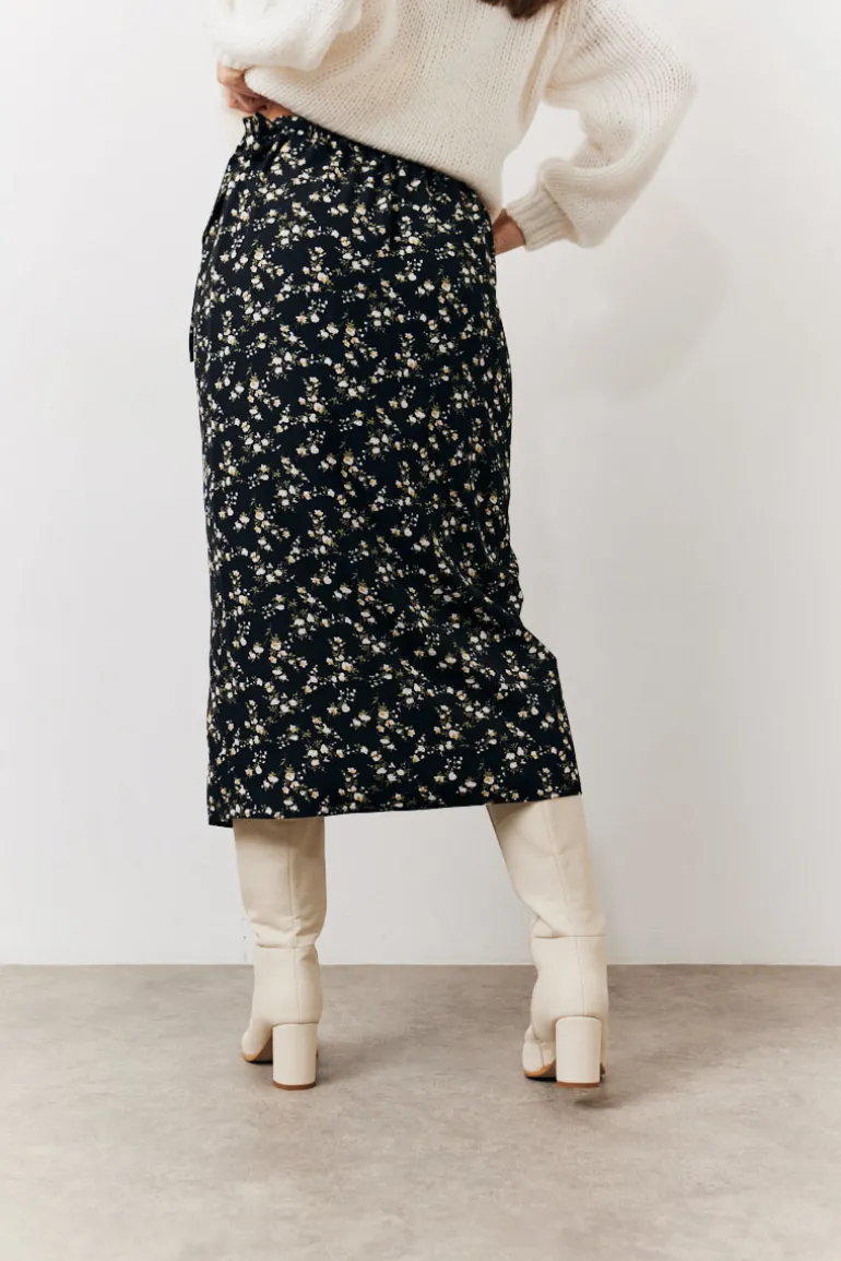 Black Floral Wrap Midi Skirt