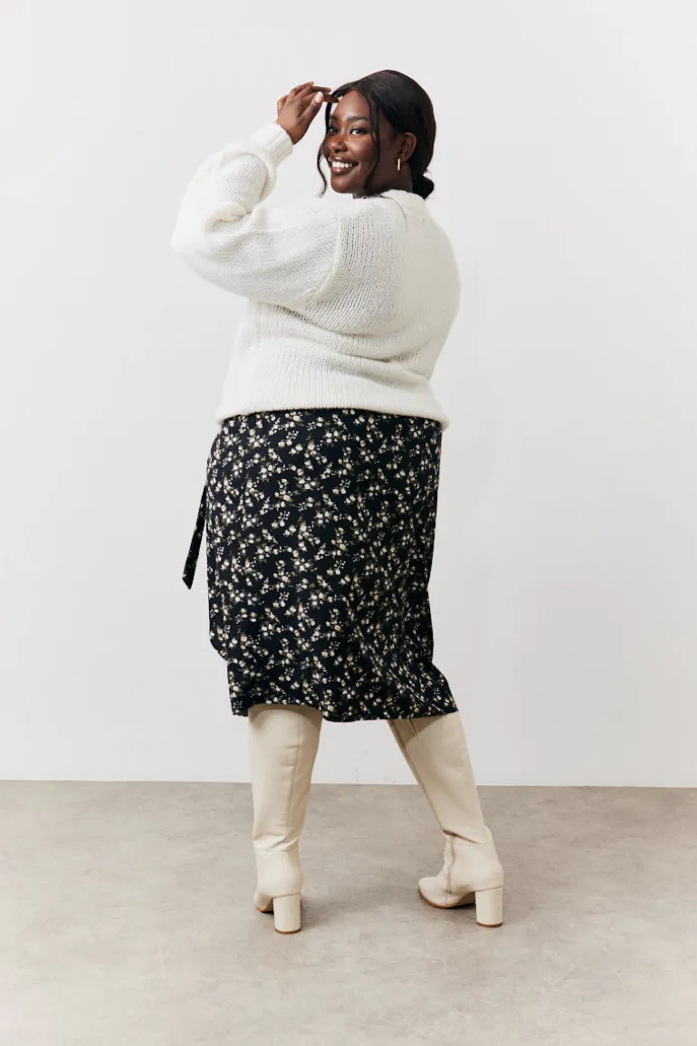 Black Floral Wrap Midi Skirt