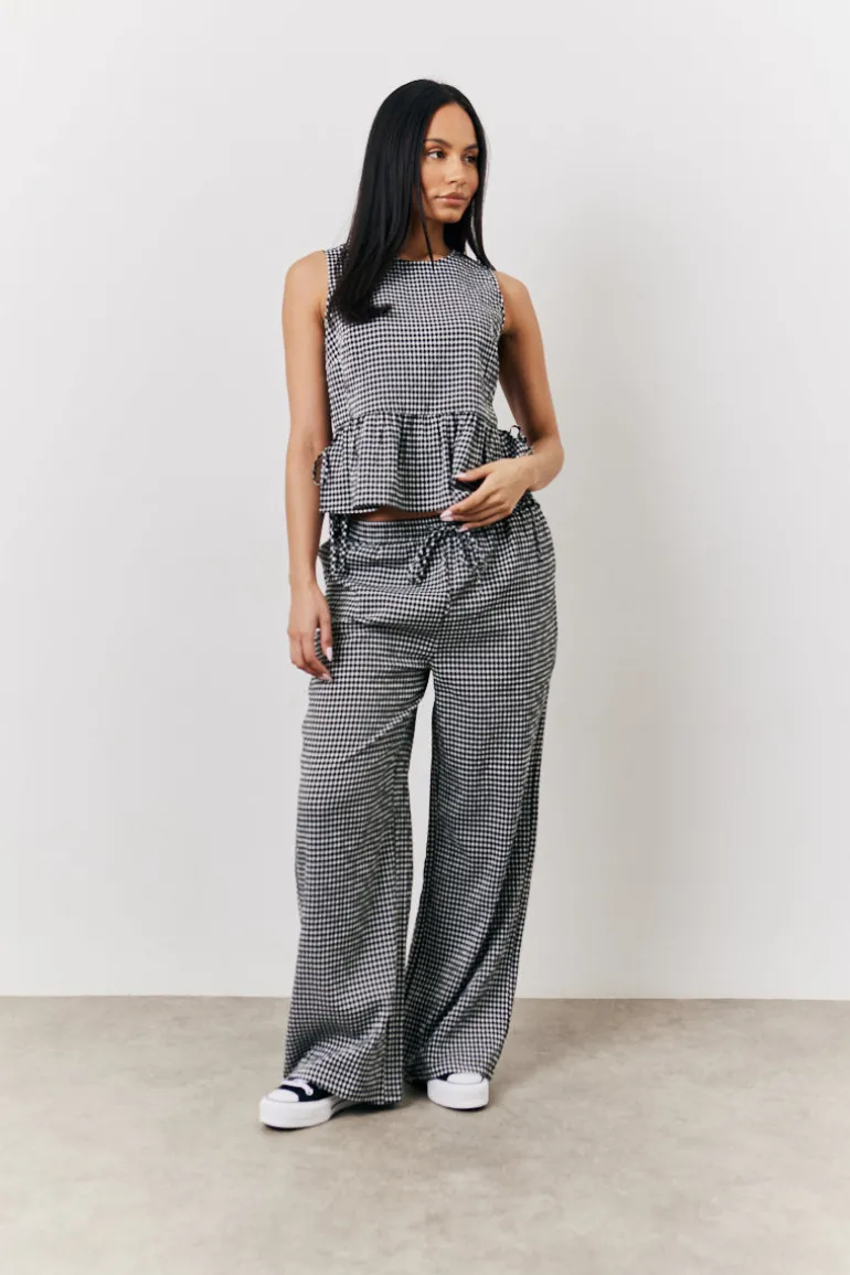Black Gingham Wide Leg Trousers