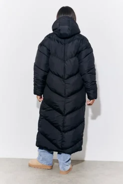 Black Hooded Longline Popper Puffer Coat