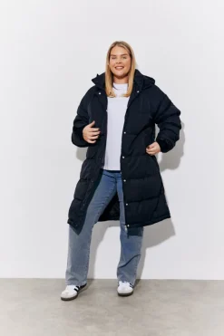 Black Hooded Longline Popper Puffer Coat