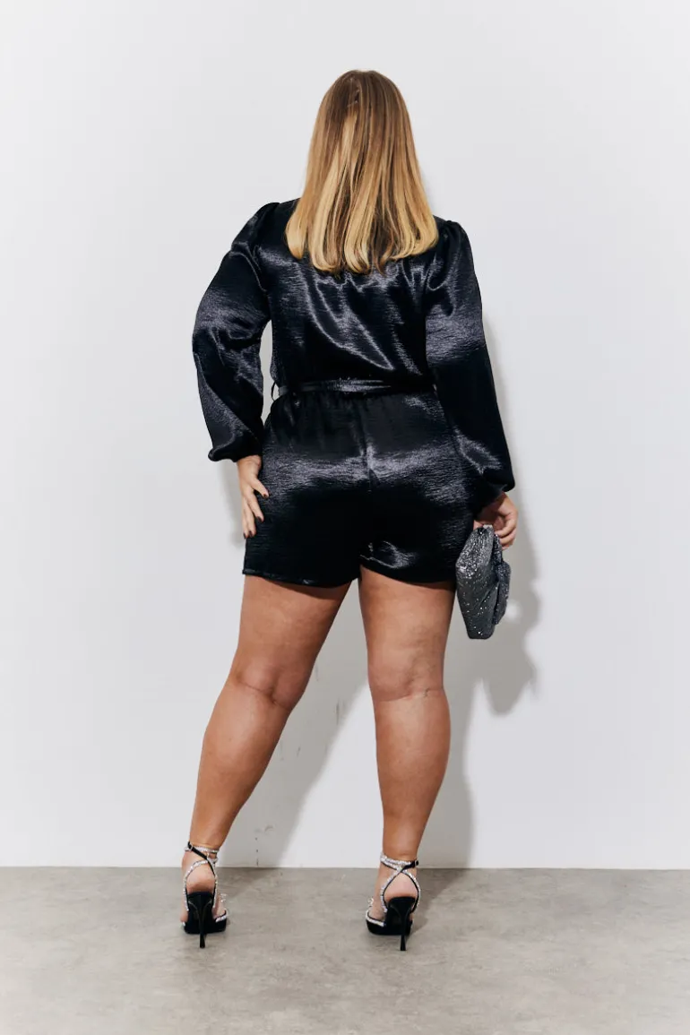 Black Liquid Satin Belted Detail Playsuit