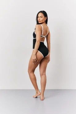Black Ribbed Contrast Binding Cut Out Swimsuit