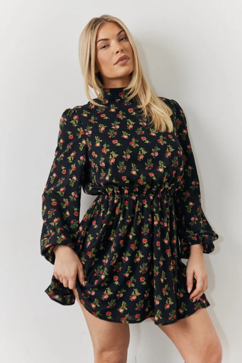 Black Rose Print High Neck Mini Dress