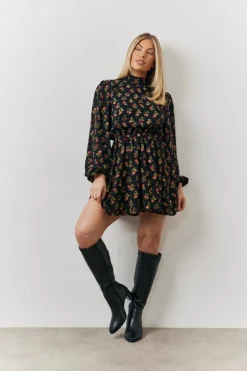 Black Rose Print High Neck Mini Dress