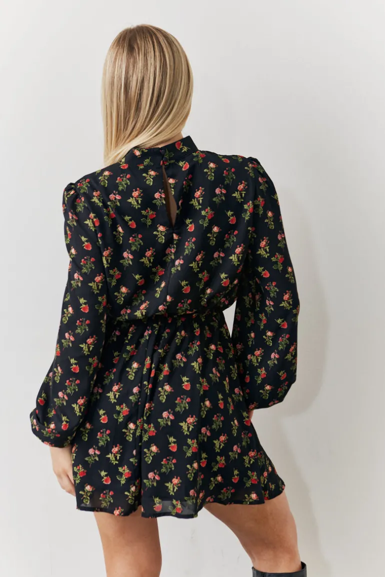 Black Rose Print High Neck Mini Dress