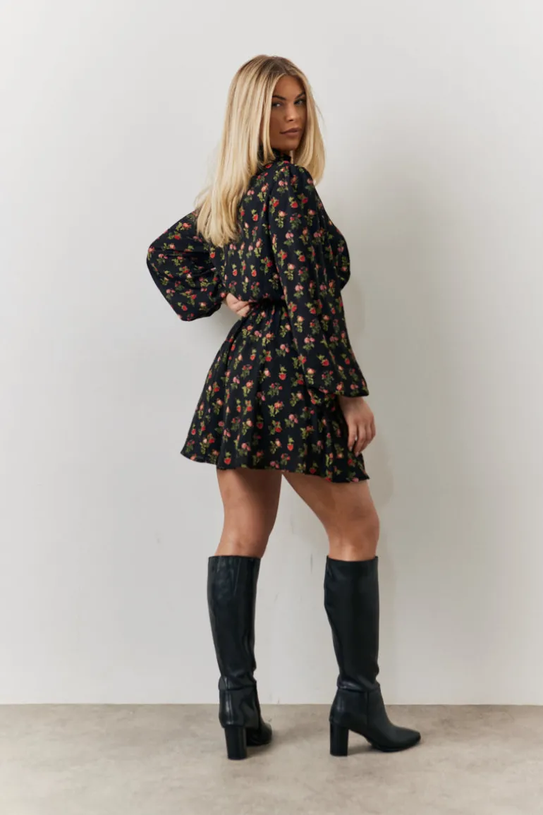 Black Rose Print High Neck Mini Dress