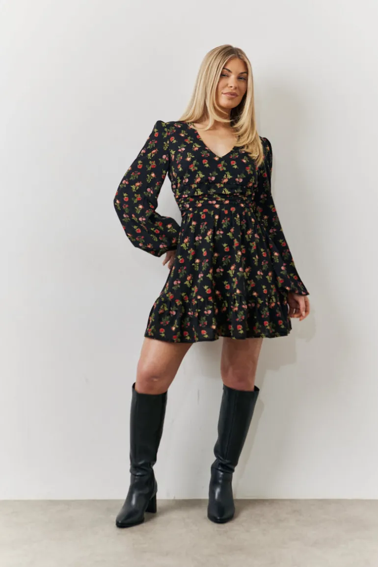 Black Rose Print Wrap Front Mini Skater Dress