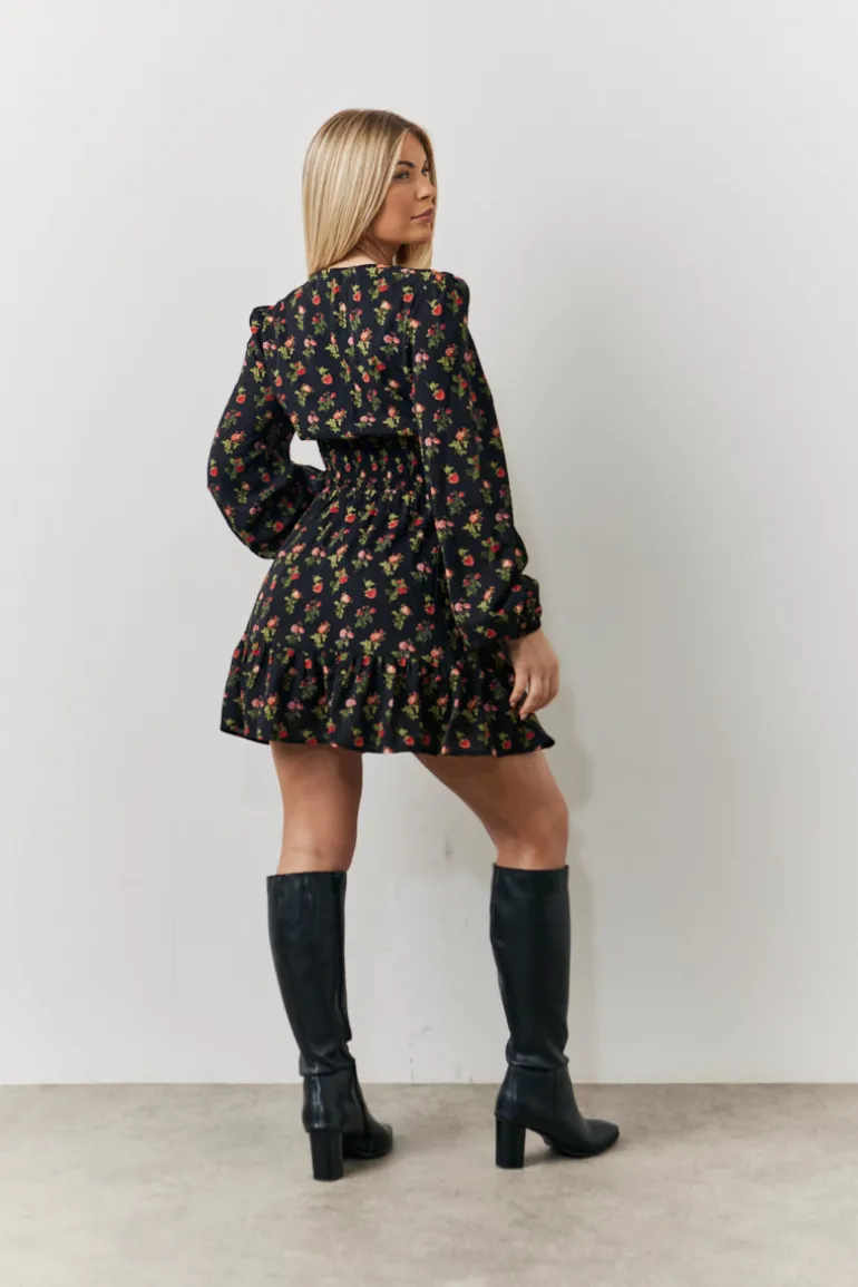 Black Rose Print Wrap Front Mini Skater Dress