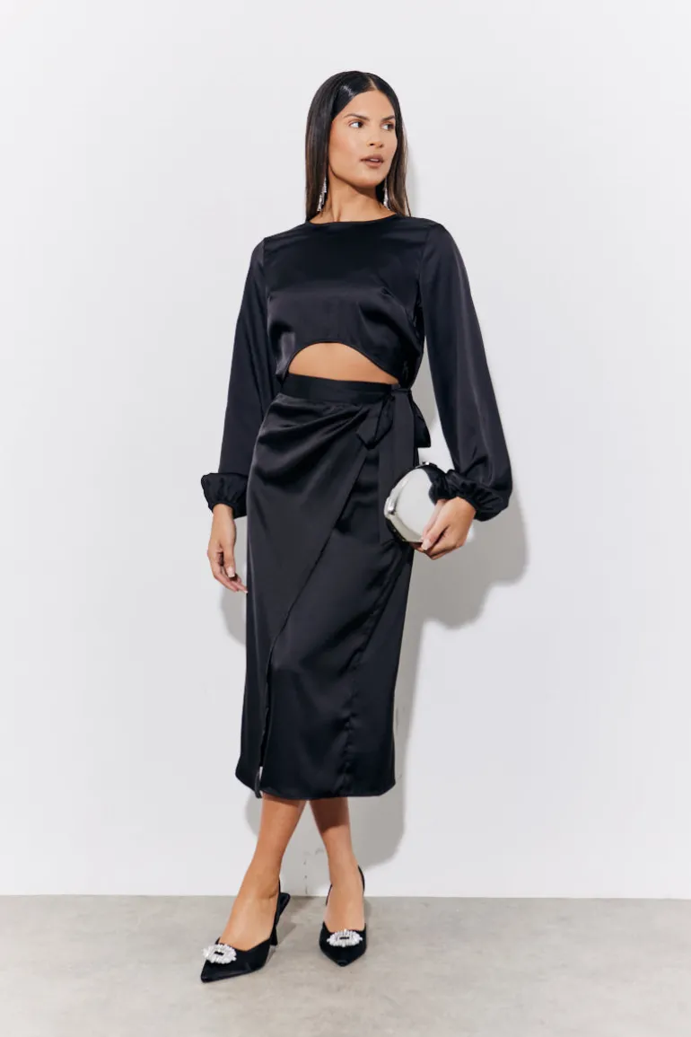 Black Satin Wrap Midi Skirt