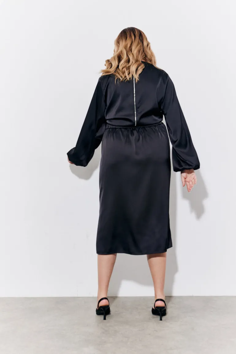 Black Satin Wrap Midi Skirt
