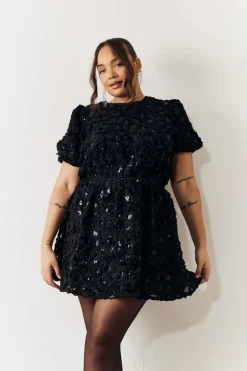 Black Sequin Floral Applique Fit and Flare Mini Dress