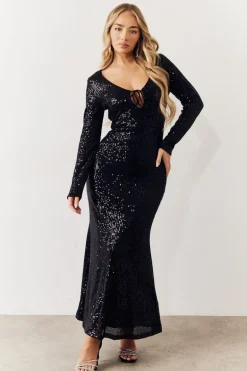 Black Sequin Long Sleeve Maxi Dress