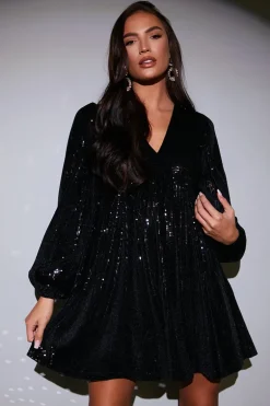 Black Sequin V Neck Smock Dress