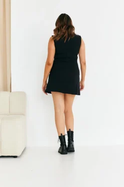 Black Structured Plunge Front Sleeveless Mini Dress