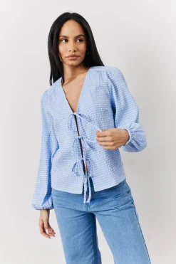 Blue Gingham Seersucker Tie Front Blouse