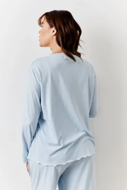 Blue Lettuce Hem Slogan Long Sleeve Top and Trouser PJ Set
