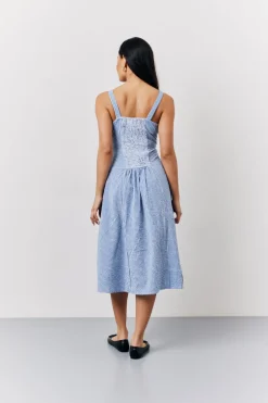 Blue Seersucker Gingham Milkmaid Midaxi Dress