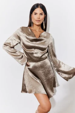Bronze Mini Flare Sleeve Satin Dress