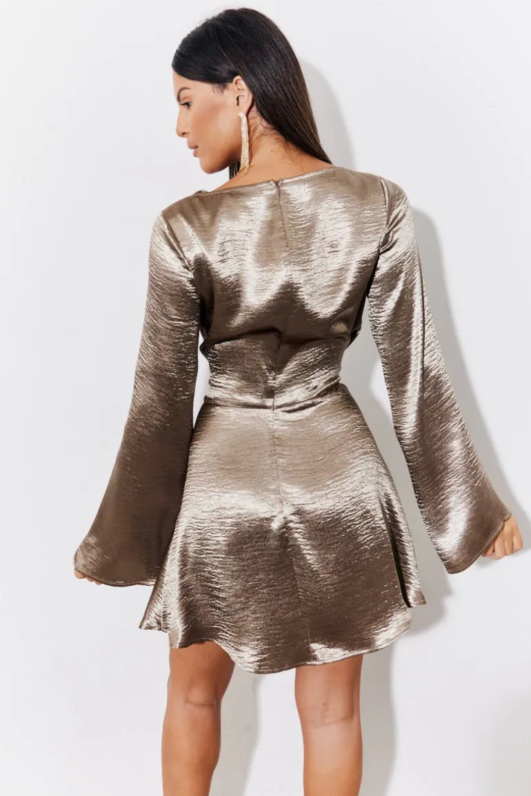 Bronze Mini Flare Sleeve Satin Dress