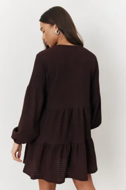 Brown Textured Tie Front Detail Smock Dress