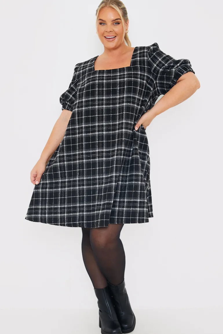 Brushed Check Balloon Sleeve Swing Dress