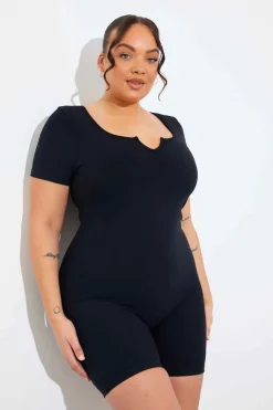 Built-In Bra Notched Neck Short Sleeve Sculpt and Control Short Unitard