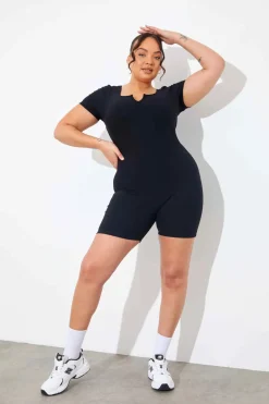 Built-In Bra Notched Neck Short Sleeve Sculpt and Control Short Unitard