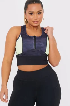 Camo Contrast Zip Crop Top