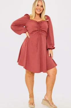 Channel Front Ruched Balloon Sleeve Shift Dress