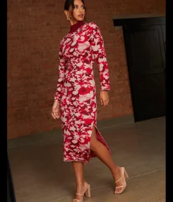 Chi Chi London Abstract Floral Knitted Midi Dress in Pink